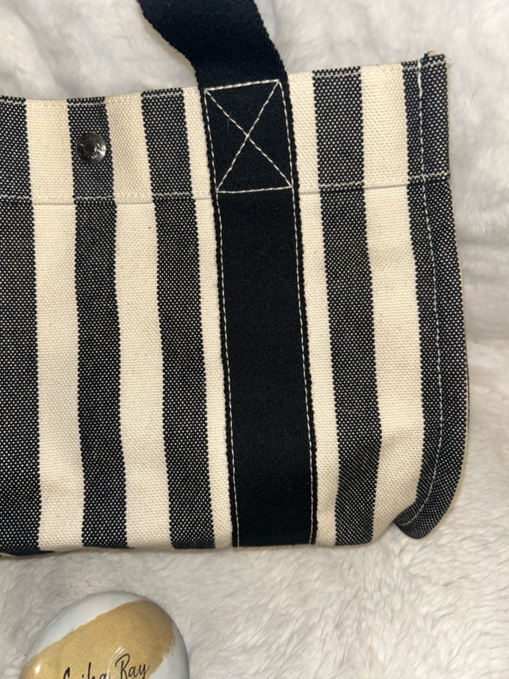 Hermes Black & White Striped Canvas Tote Bag - Picture 16 of 16